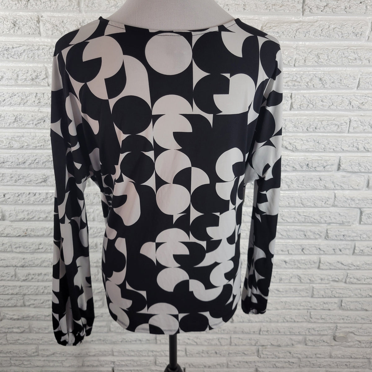 Worthington Women XL Wrap Top Black White Geometric V-Neck Long Sleeve Blouse GEO213E