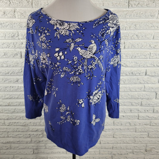 Talbots Women XL Tee Blue White Floral Bird 3/4 Sleeve Cotton Blend Crew Casual FLO319E
