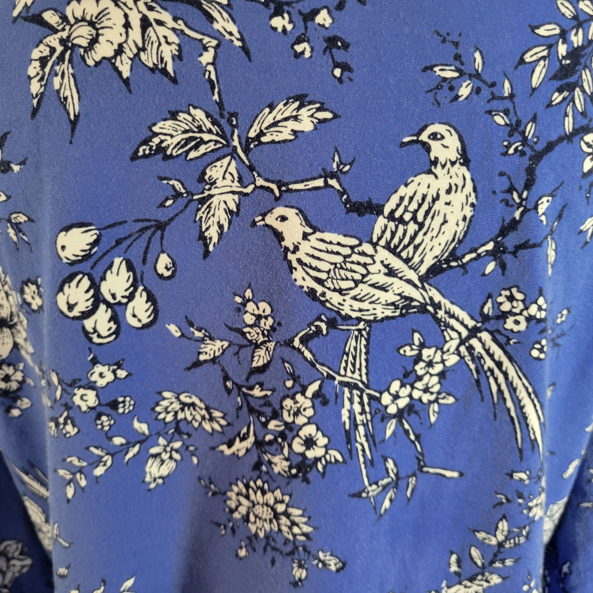 Talbots Women XL Tee Blue White Floral Bird 3/4 Sleeve Cotton Blend Crew Casual FLO319E