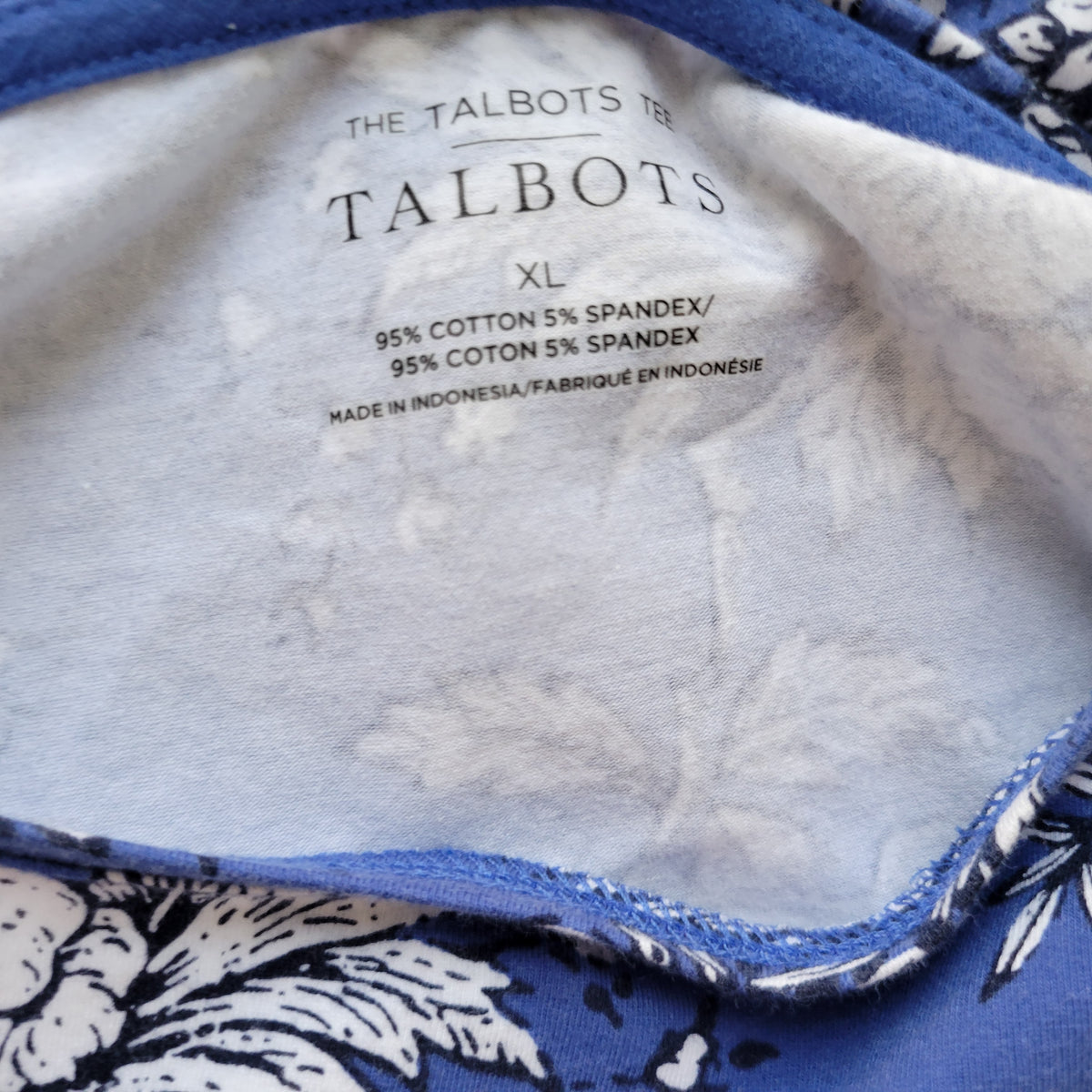 Talbots Women XL Tee Blue White Floral Bird 3/4 Sleeve Cotton Blend Crew Casual FLO319E