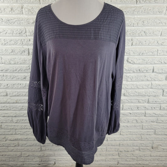 Logo Lori Goldstein Women 1X Plus Tunic Blue Crochet Trim Cotton Blouse Keyhole BLU87E