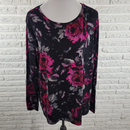 St John's Bay Women 2X Plus Floral Tee Long Sleeve Cotton Crew Neck Multicolor FLO67E