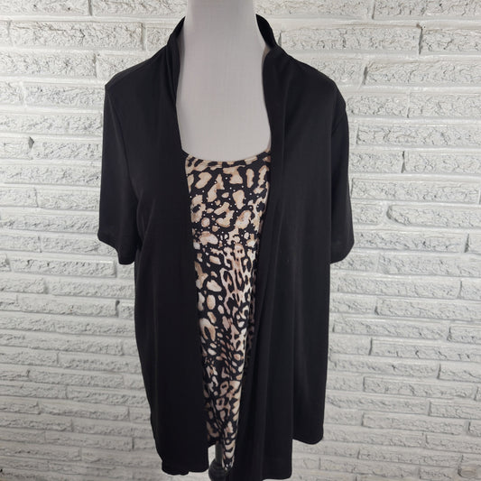 White Stag Women 2X Plus Tunic Twofer Black White Animal Print Rhinestone Blouse ANI37E
