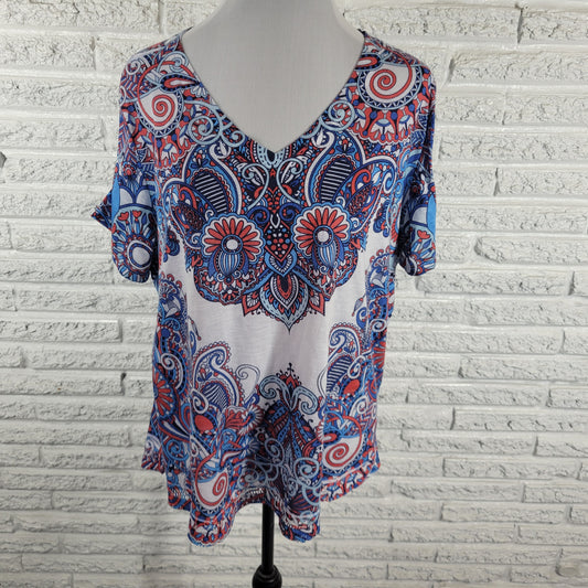 Kim Rogers Women 1X Plus Top Geometric V-Neck Short Sleeve Crochet Hem Blue Red GEO212E