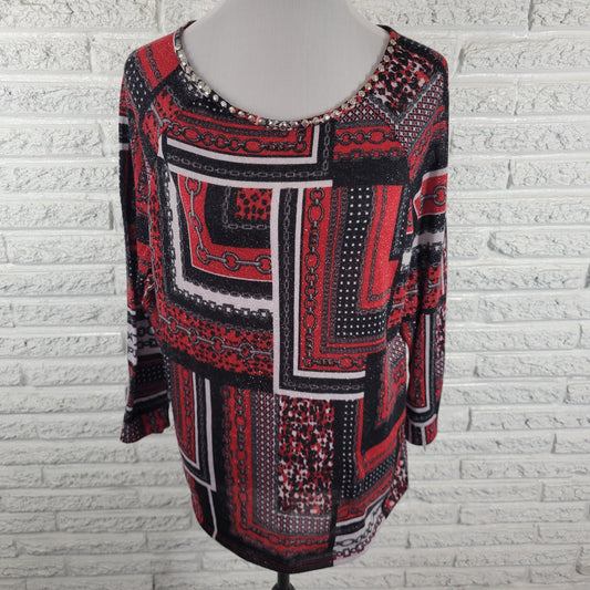 Ruby Rd Women XL Knit Top Black Red Metallic Geometric Studded Blouse Lng Sleeve GEO211E