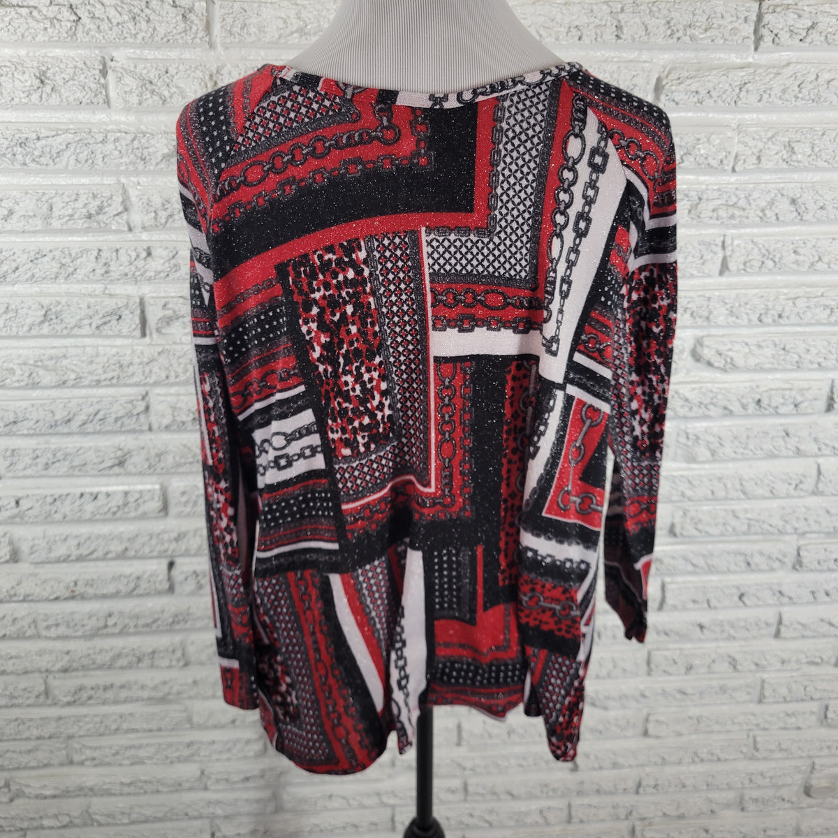 Ruby Rd Women XL Knit Top Black Red Metallic Geometric Studded Blouse Lng Sleeve GEO211E