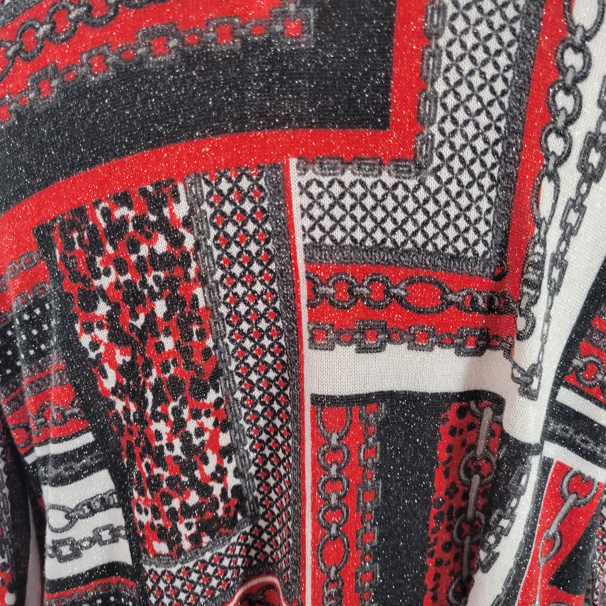 Ruby Rd Women XL Knit Top Black Red Metallic Geometric Studded Blouse Lng Sleeve GEO211E