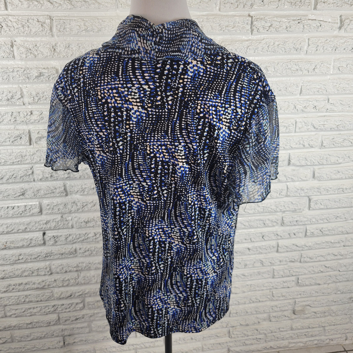 Notations Womens XL Blue Black Watercolor Top Sheer Flutter Sleeve Beaded Blouse WAT115E