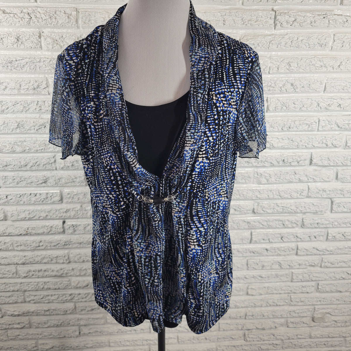 Notations Womens XL Blue Black Watercolor Top Sheer Flutter Sleeve Beaded Blouse WAT115E