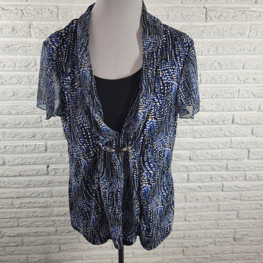 Notations Womens XL Blue Black Watercolor Top Sheer Flutter Sleeve Beaded Blouse WAT115E