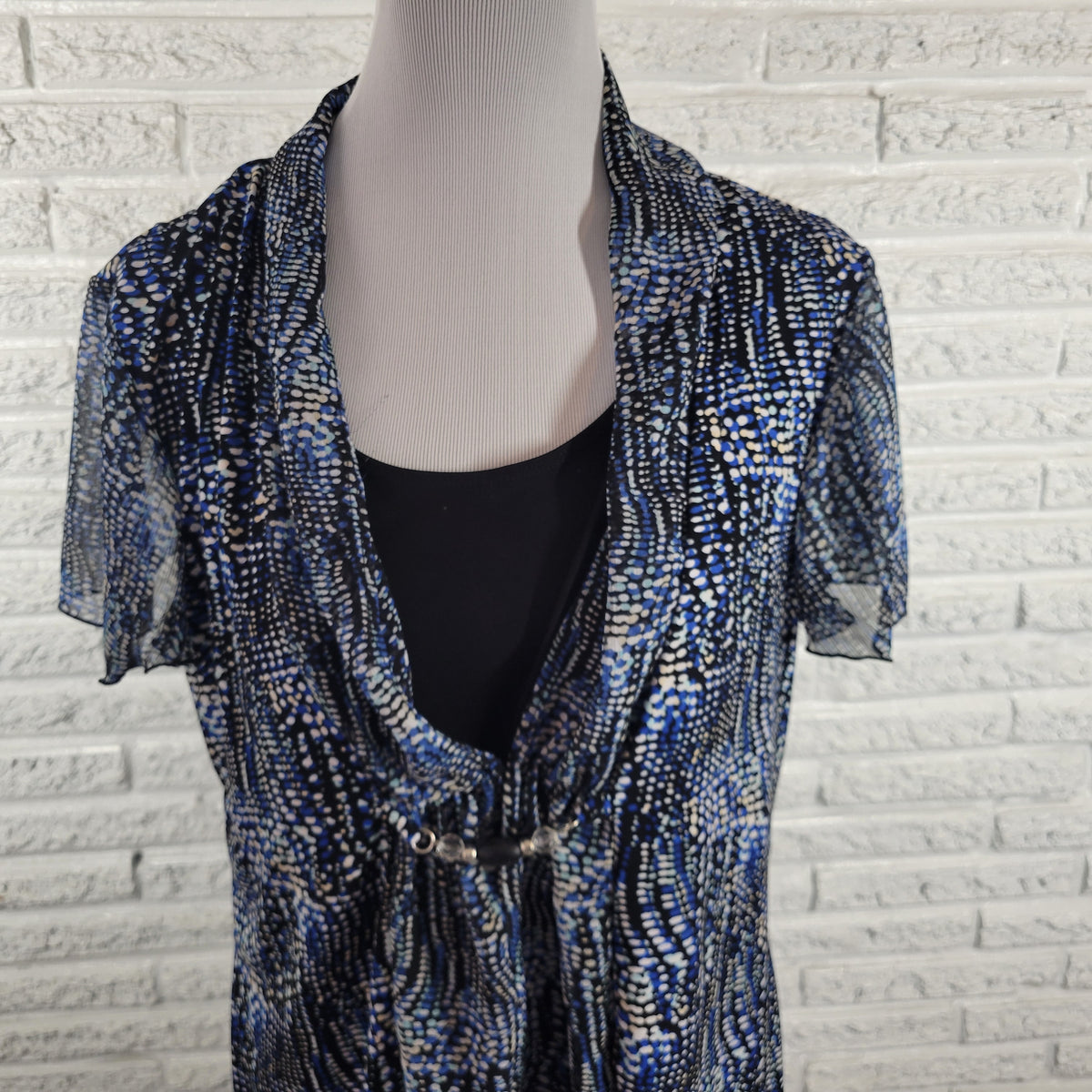 Notations Womens XL Blue Black Watercolor Top Sheer Flutter Sleeve Beaded Blouse WAT115E