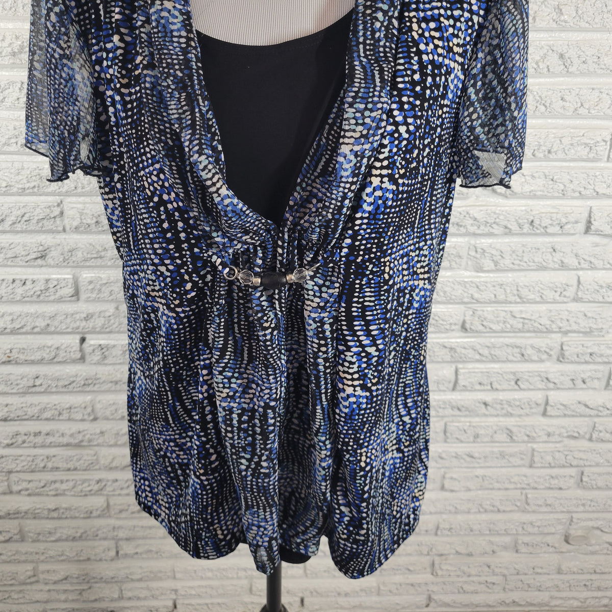 Notations Womens XL Blue Black Watercolor Top Sheer Flutter Sleeve Beaded Blouse WAT115E