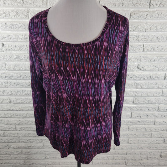 Chaps Women Tee 1X Plus Blue Purple Geometric Crew Neck Long Sleeve Top Viscose GEO92E