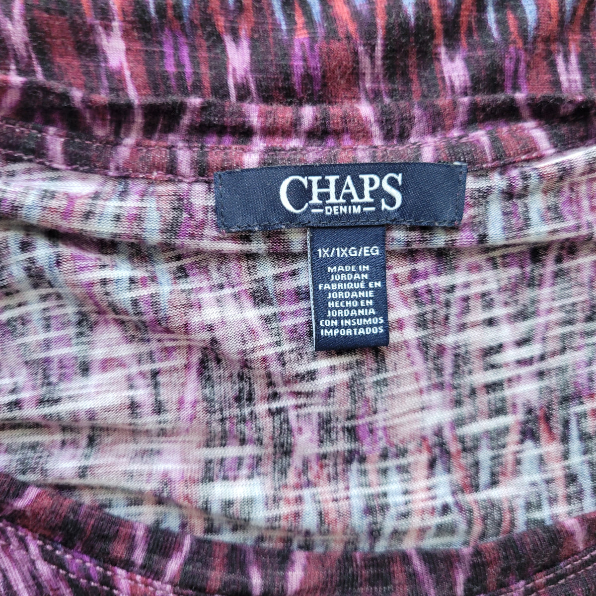 Chaps Women Tee 1X Plus Blue Purple Geometric Crew Neck Long Sleeve Top Viscose GEO92E