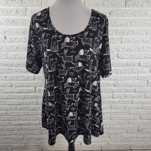 LuLaRoe Womens 2XL Black Dog Print Short Sleeve T-Shirt Tunic Top Stretch Casual BLA149E