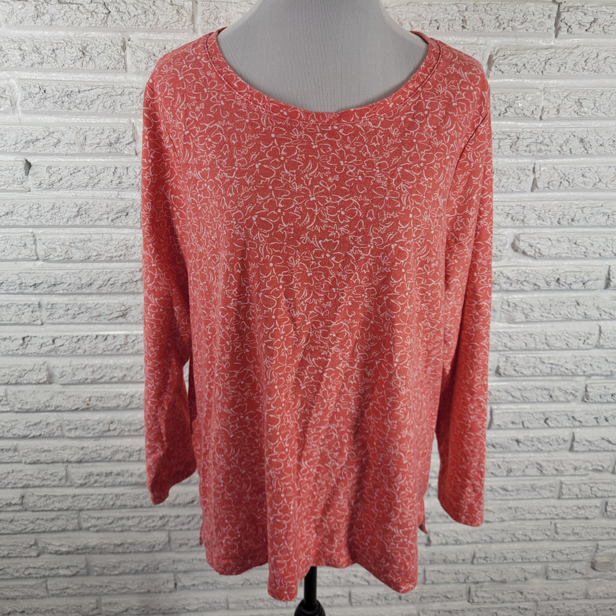 Croft & Barrow Women Plus 1X Floral Tee Long Sleeve Pink Knit Crewneck Top FLO231E