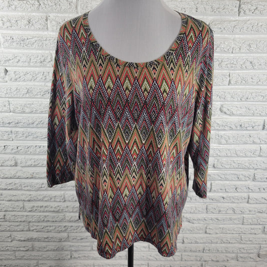 Rafaella Weekend 2X Tee 3/4 Sleeve Zig Zag Multicolor Geometric Plus Top GEO137E