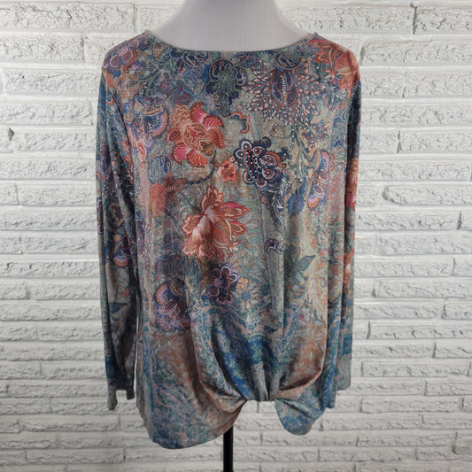 Time and Tru XXL 20 Floral Rhinestone Tee Long Sleeve Knot Hem Plus Top FLO138E