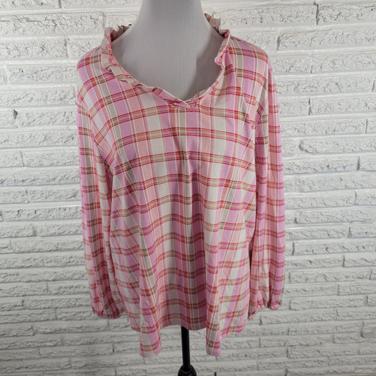 Denim & Co XL Plaid Top Ruffle Neck V-Neck Pink Red Long Sleeve Pullover Casual PLA29E