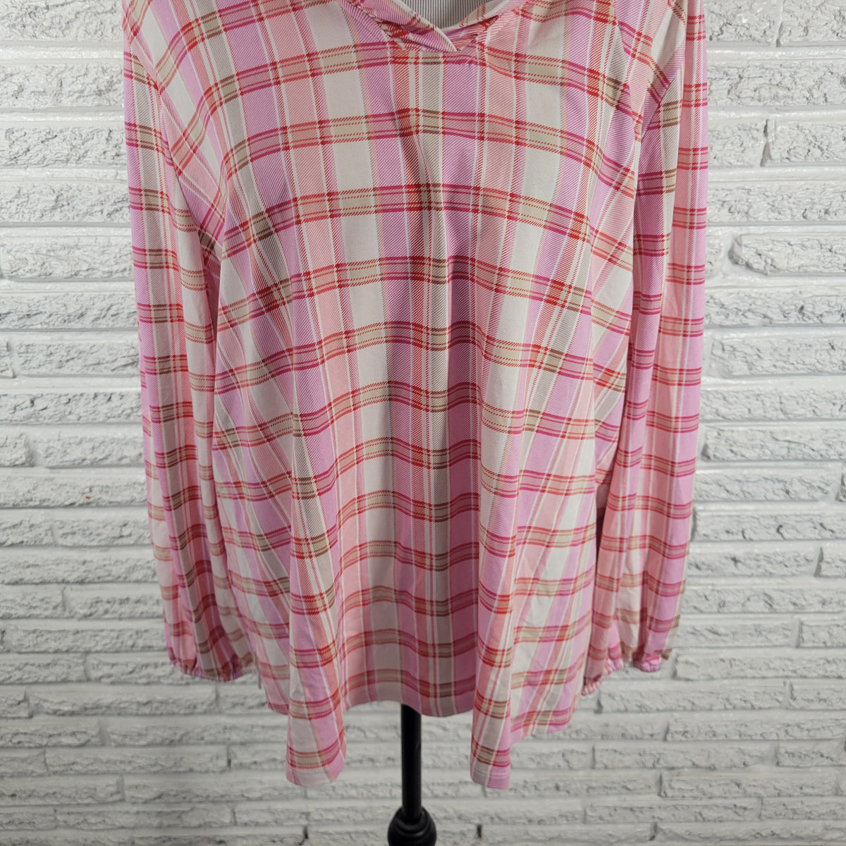 Denim & Co XL Plaid Top Ruffle Neck V-Neck Pink Red Long Sleeve Pullover Casual PLA29E