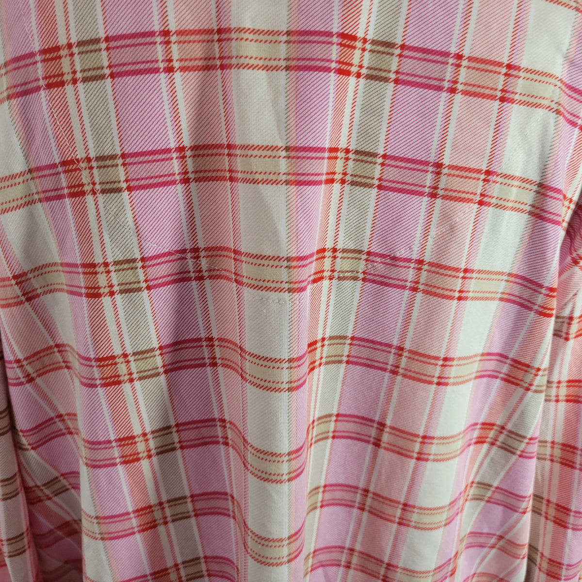 Denim & Co XL Plaid Top Ruffle Neck V-Neck Pink Red Long Sleeve Pullover Casual PLA29E
