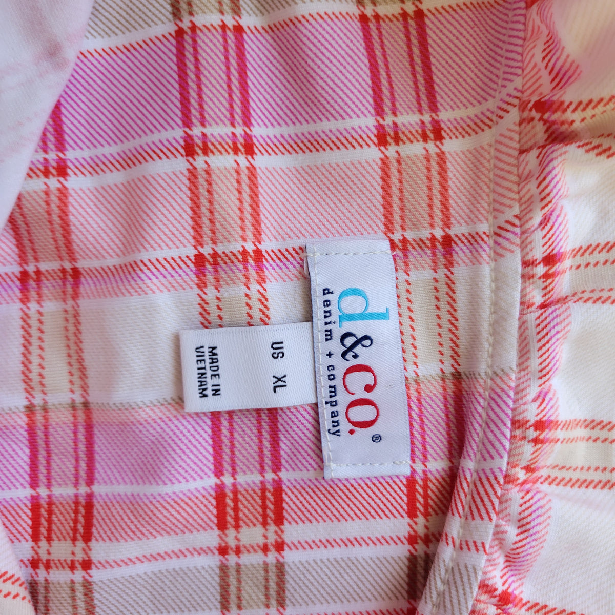 Denim & Co XL Plaid Top Ruffle Neck V-Neck Pink Red Long Sleeve Pullover Casual PLA29E