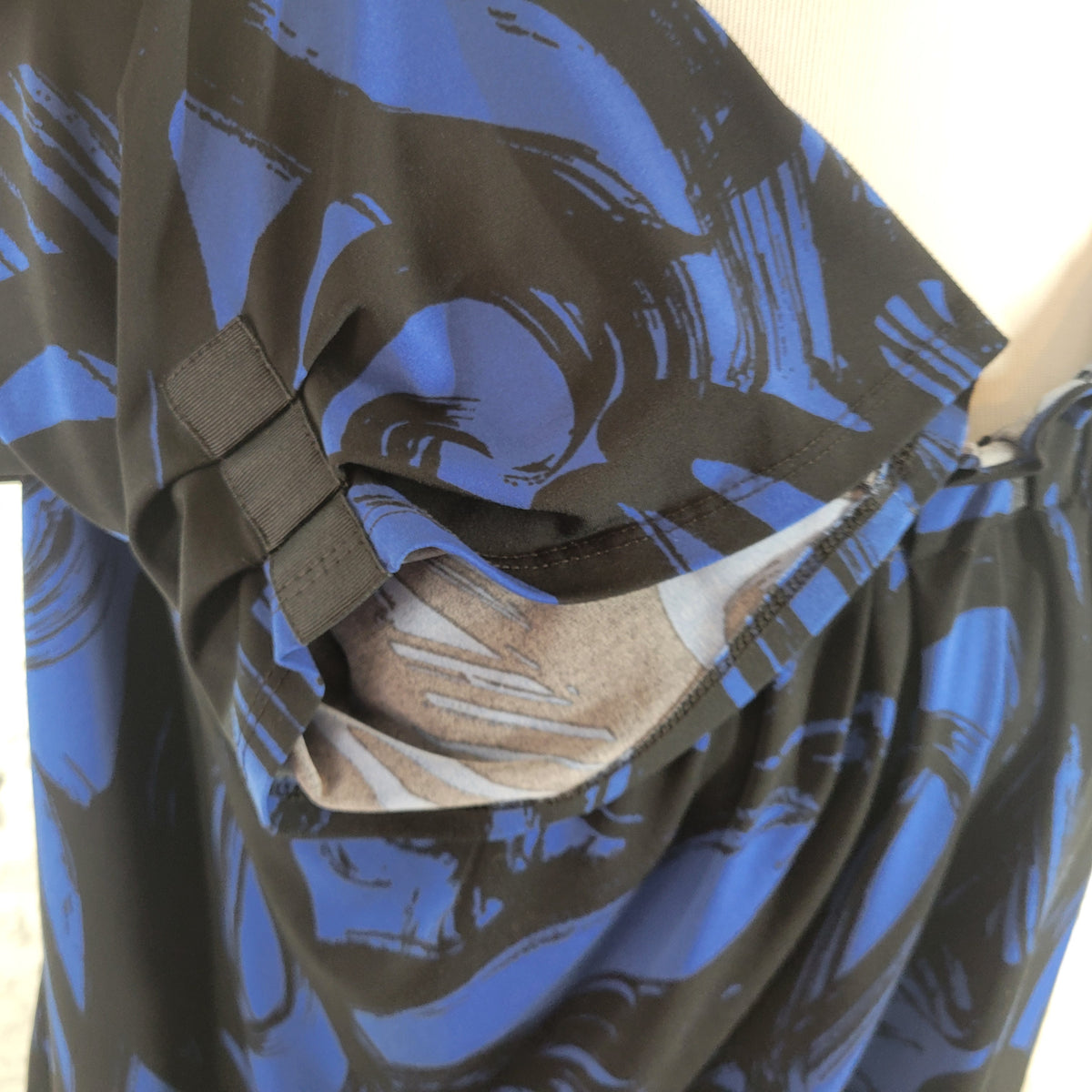Worthington 2X Tunic Black Blue Watercolor Pleated Frilly Neck 3/4 Sleeve Career WAT114E