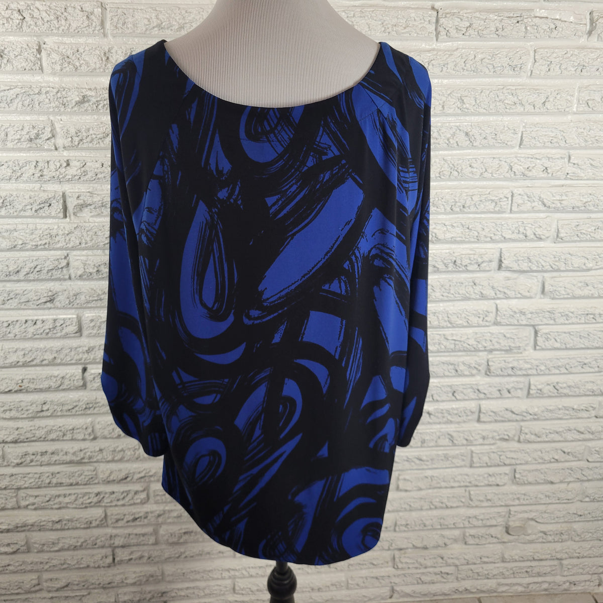 Worthington 2X Tunic Black Blue Watercolor Pleated Frilly Neck 3/4 Sleeve Career WAT114E