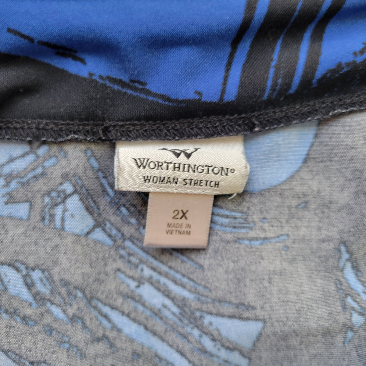 Worthington 2X Tunic Black Blue Watercolor Pleated Frilly Neck 3/4 Sleeve Career WAT114E