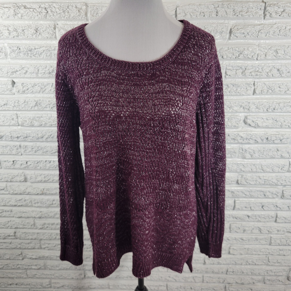 Maurices Women's XL Open Knit Sweater Purple Metallic Sparkle Crew Neck Pullover PUR37E