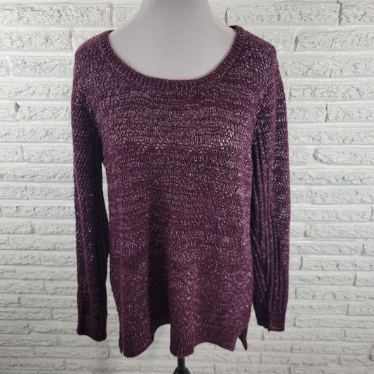 Maurices Women's XL Open Knit Sweater Purple Metallic Sparkle Crew Neck Pullover PUR37E