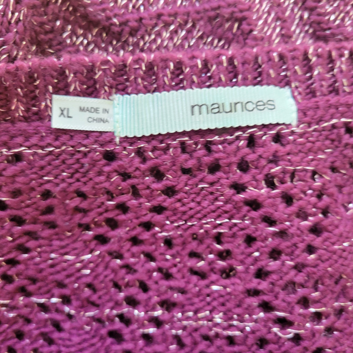 Maurices Women's XL Open Knit Sweater Purple Metallic Sparkle Crew Neck Pullover PUR37E