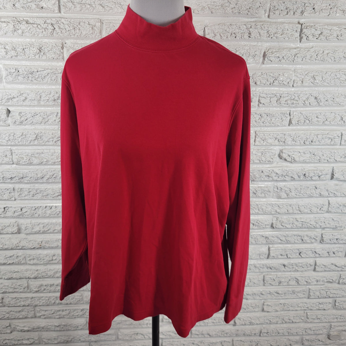 Lands End 2X Mock Turtleneck Tee Long Sleeve Red Cotton Blend Knit Plus Top RED15E