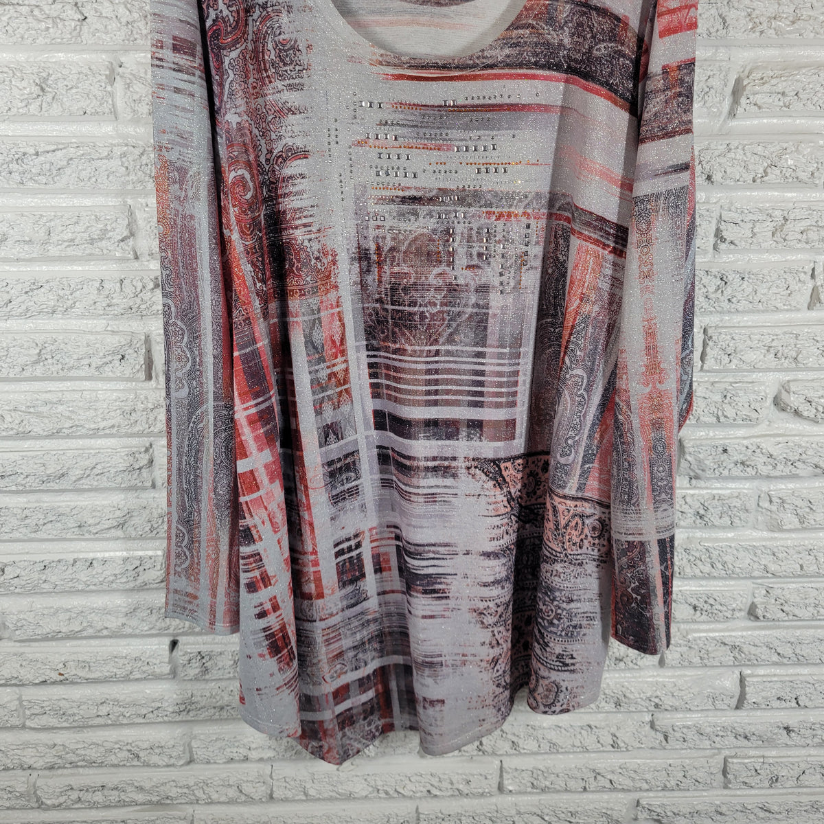 Avenue 30 32 Tunic Geometric Lace Trim Studded Metallic Long Sleeve Plus Top GEO220E