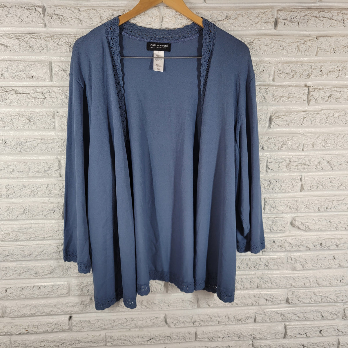 Jones New York 3X Open Cardigan Top Blue Crochet Trim Women Plus 3/4 Sleeve BLU112E