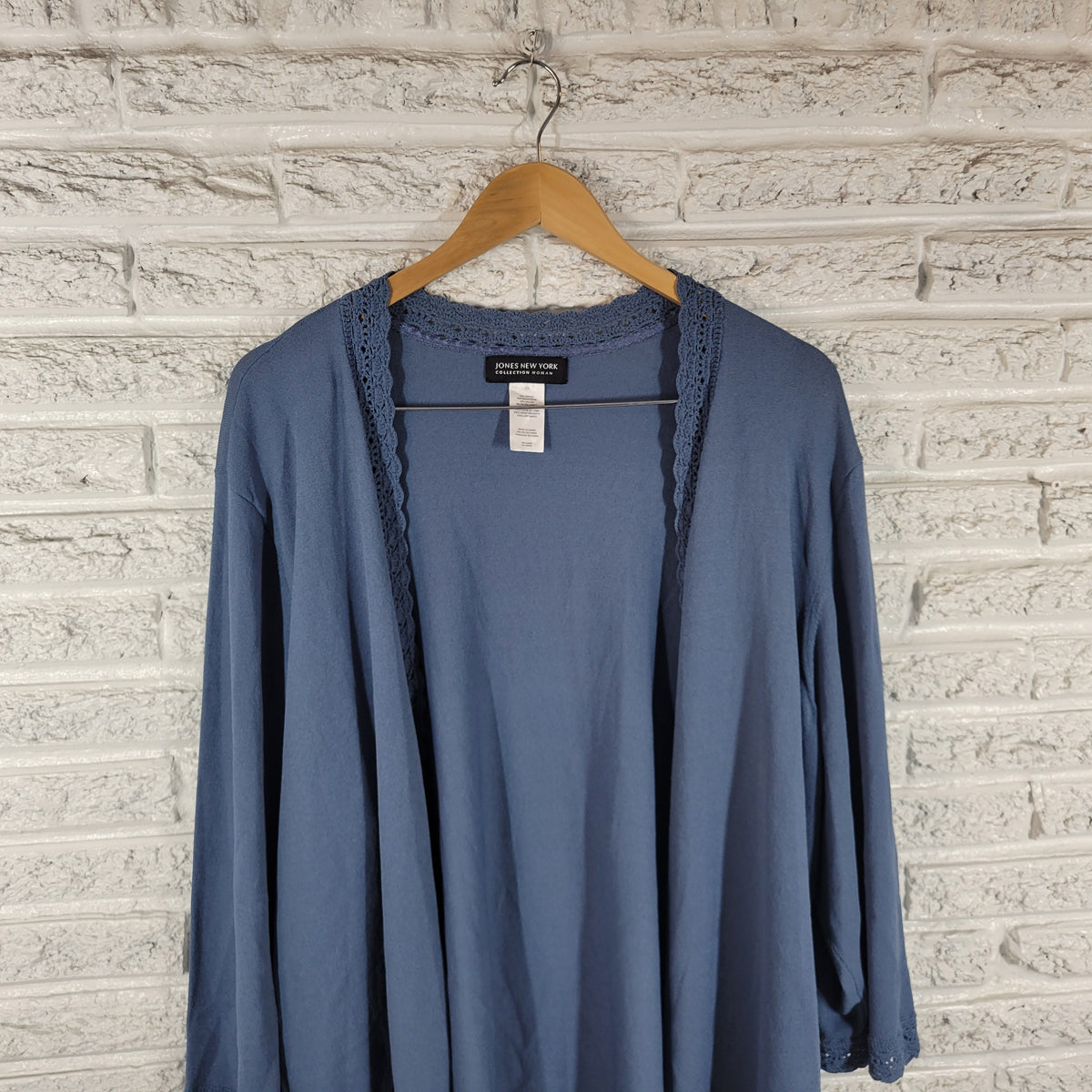 Jones New York 3X Open Cardigan Top Blue Crochet Trim Women Plus 3/4 Sleeve BLU112E