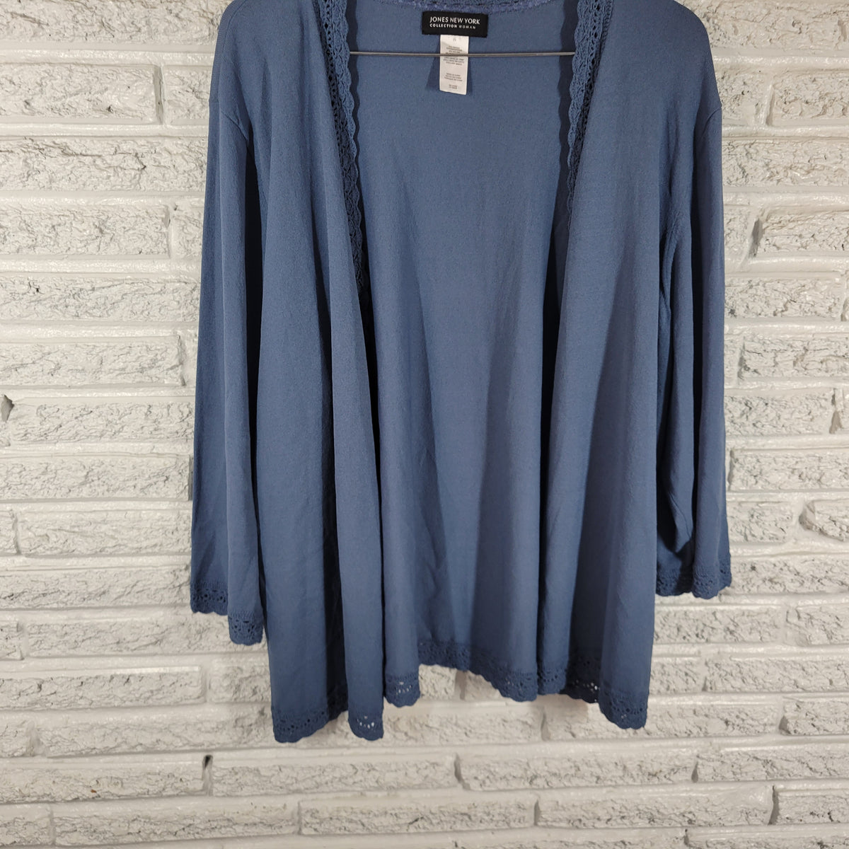 Jones New York 3X Open Cardigan Top Blue Crochet Trim Women Plus 3/4 Sleeve BLU112E
