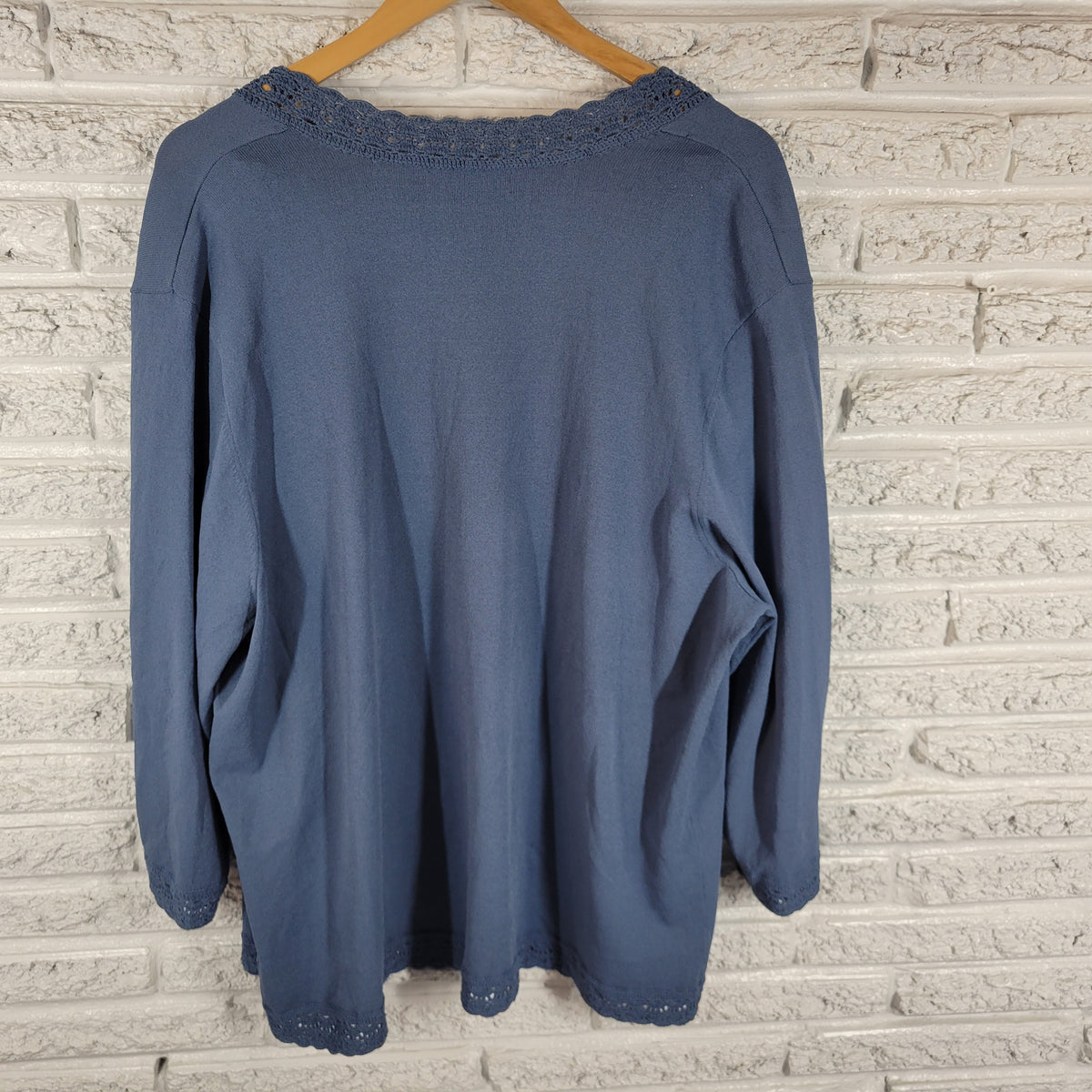Jones New York 3X Open Cardigan Top Blue Crochet Trim Women Plus 3/4 Sleeve BLU112E
