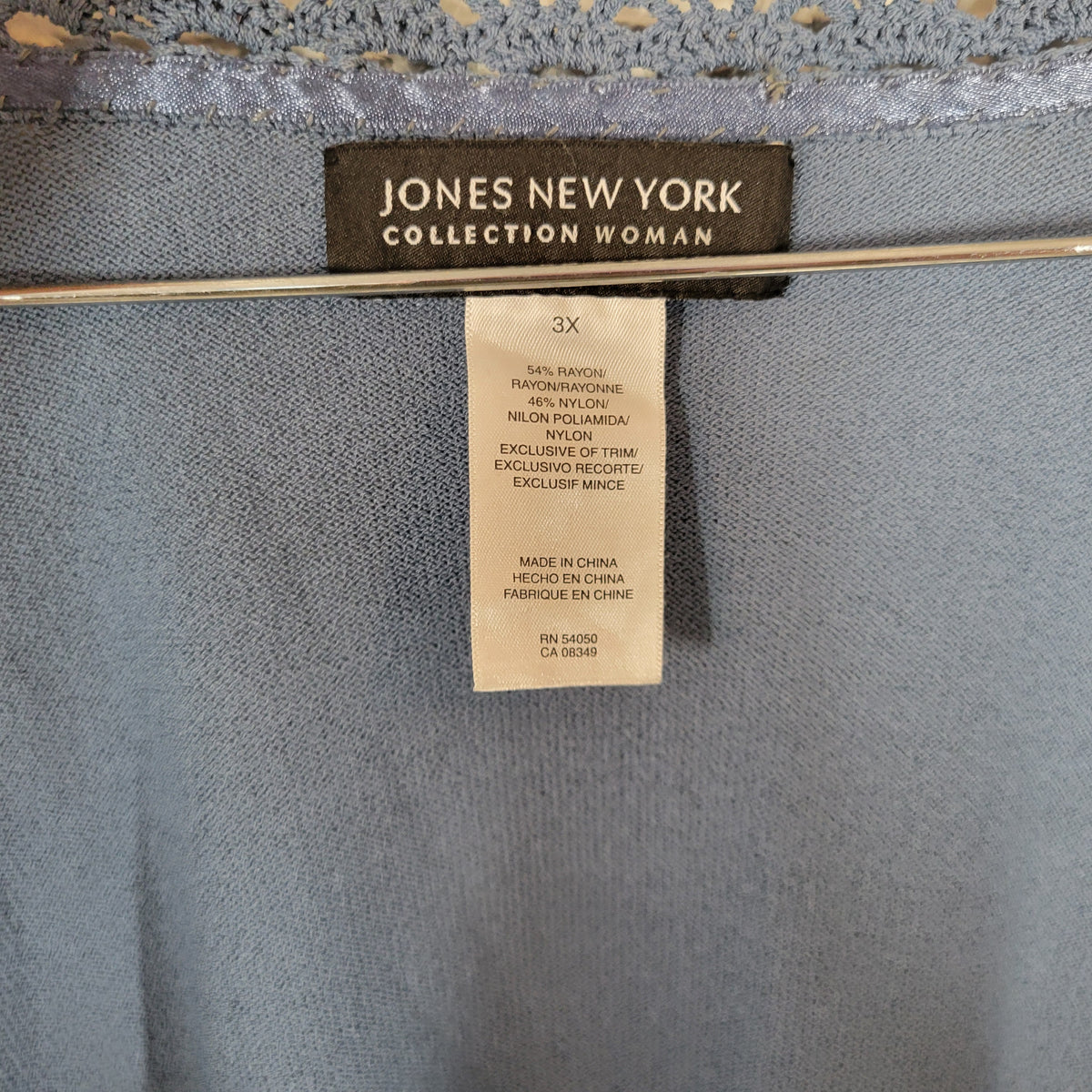 Jones New York 3X Open Cardigan Top Blue Crochet Trim Women Plus 3/4 Sleeve BLU112E
