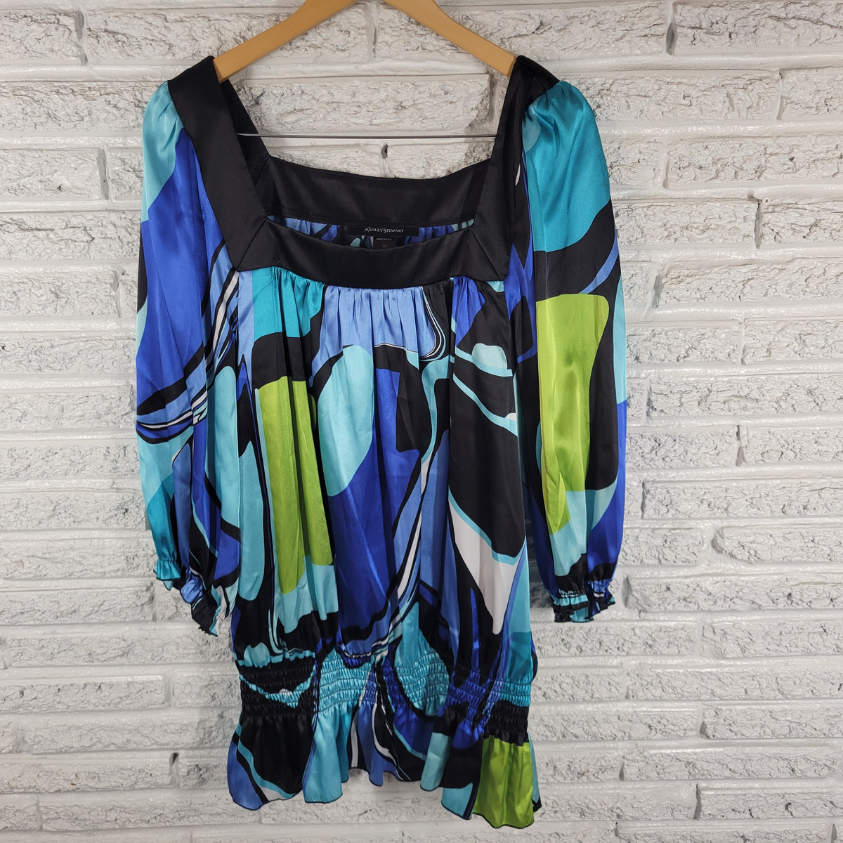 Ashley Stewart Womens 18 Tunic Blouse Watercolor Square Neck 3/4 Sleeve Sateen WAT115XE