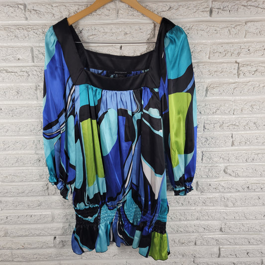 Ashley Stewart Womens 18 Tunic Blouse Watercolor Square Neck 3/4 Sleeve Sateen WAT115XE