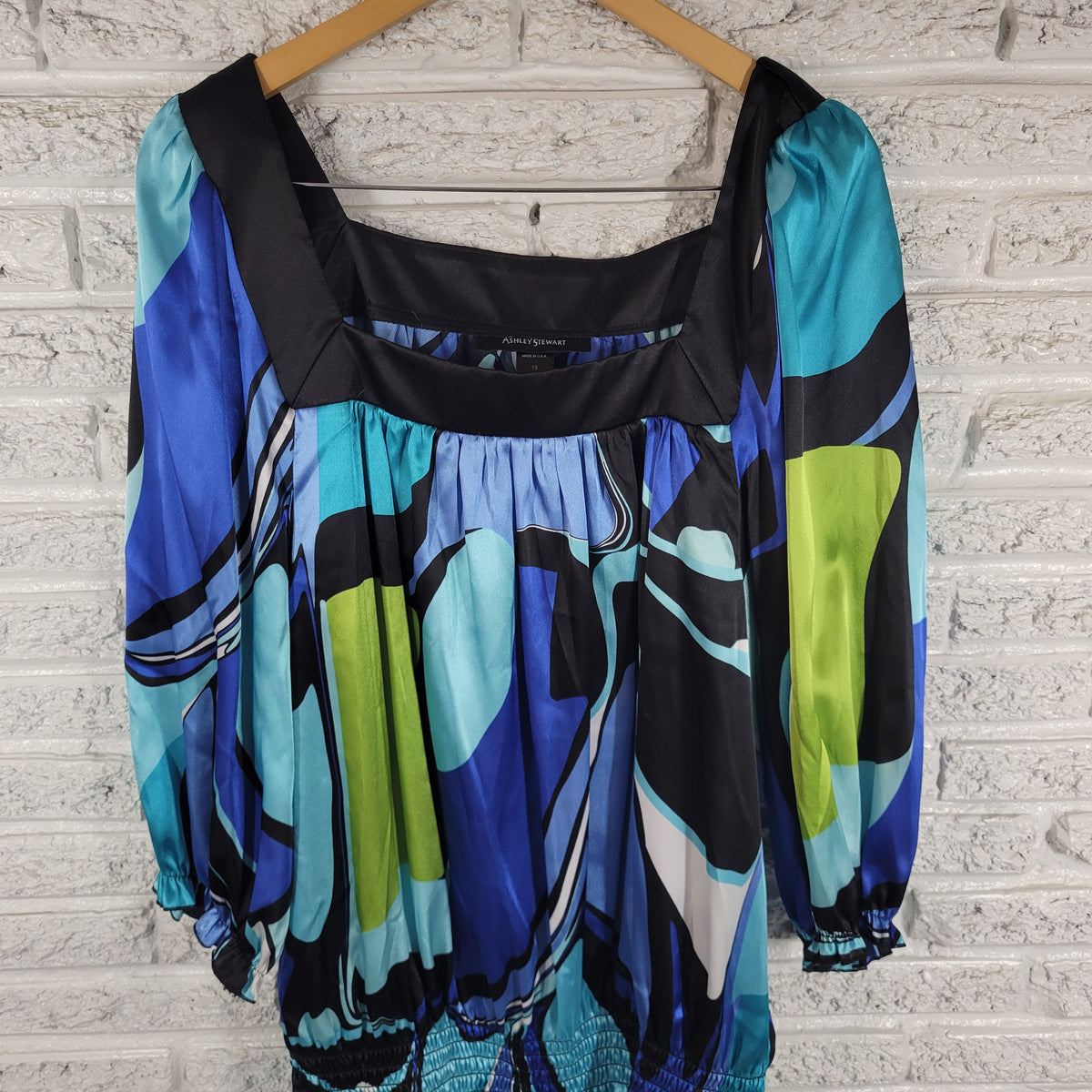 Ashley Stewart Womens 18 Tunic Blouse Watercolor Square Neck 3/4 Sleeve Sateen WAT115XE