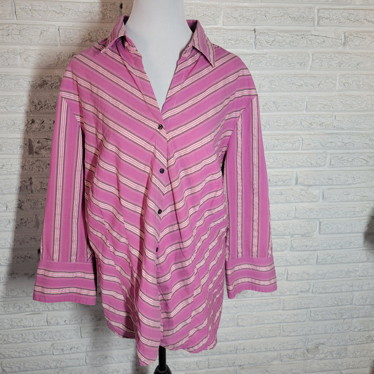 Worthington Easy Care Pink Purple Striped Shirt Top Women 2X Button Front Collar STR75E