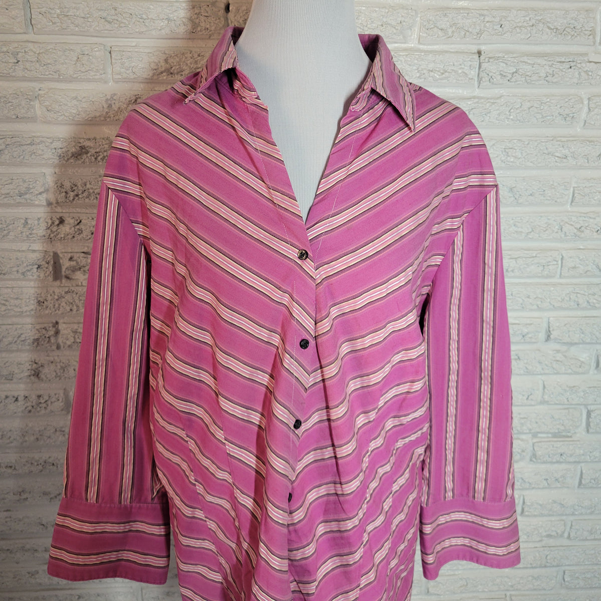 Worthington Easy Care Pink Purple Striped Shirt Top Women 2X Button Front Collar STR75E