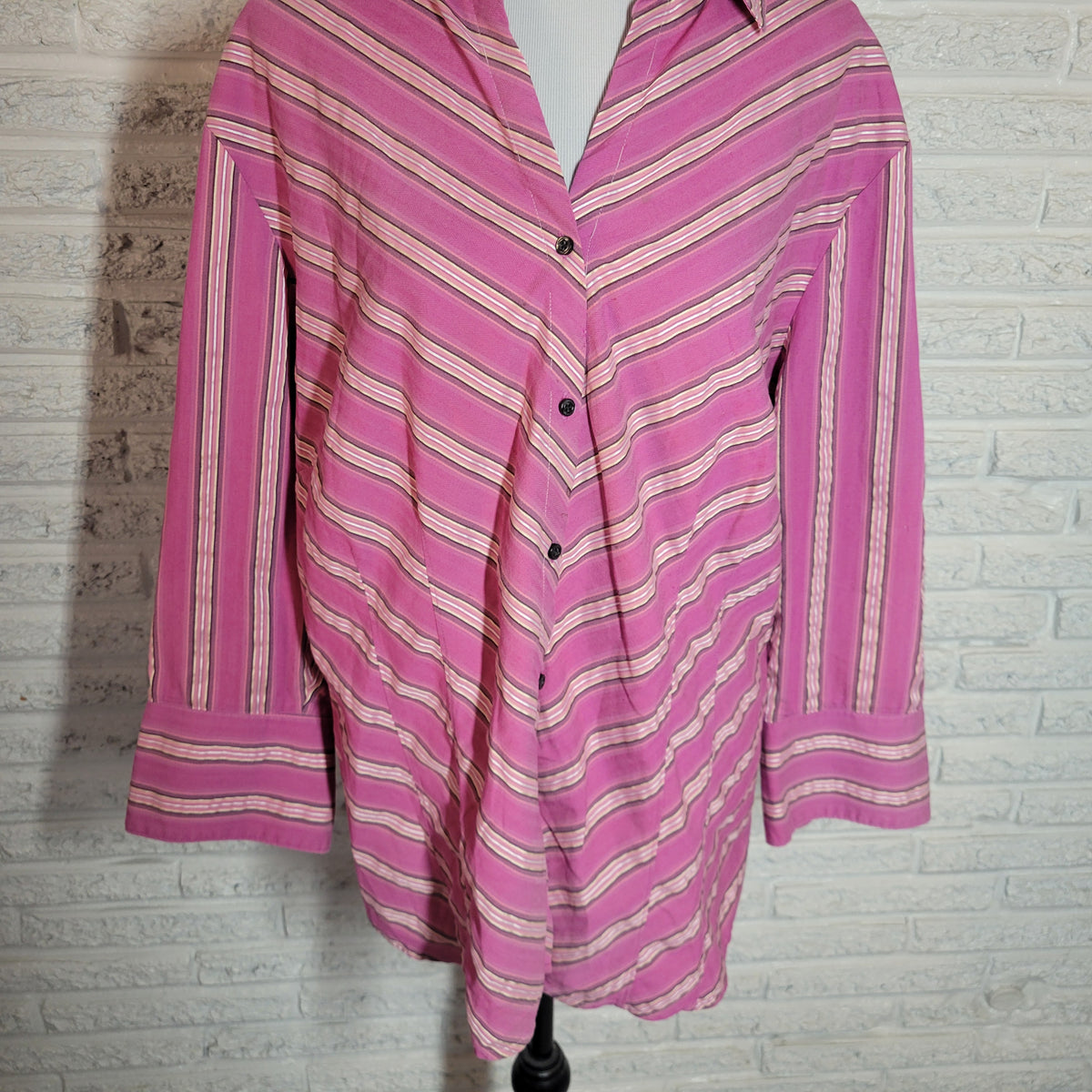 Worthington Easy Care Pink Purple Striped Shirt Top Women 2X Button Front Collar STR75E