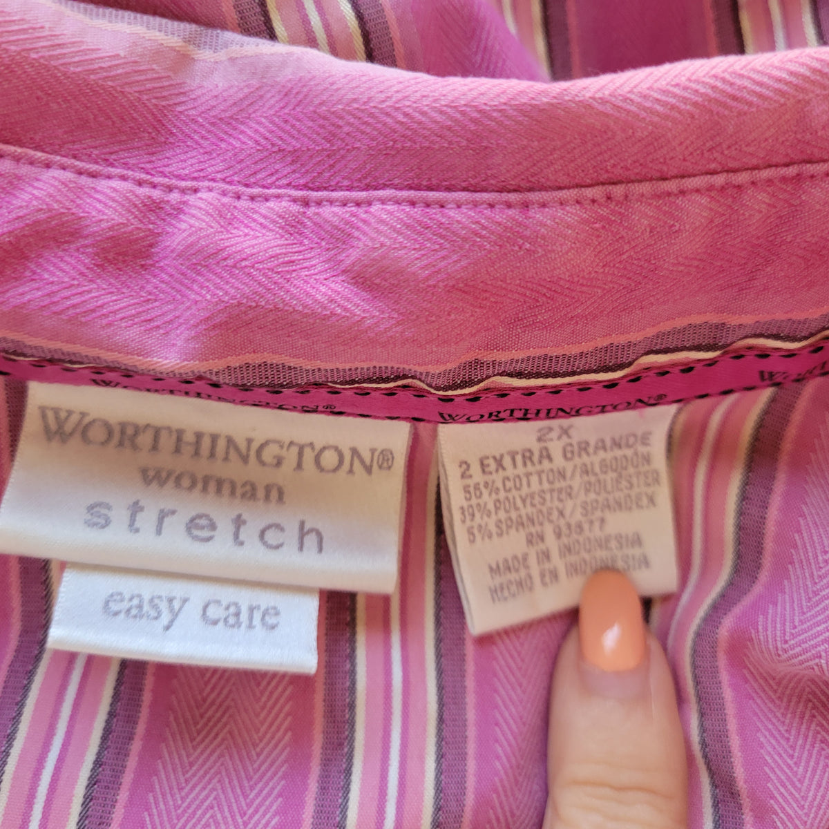 Worthington Easy Care Pink Purple Striped Shirt Top Women 2X Button Front Collar STR75E