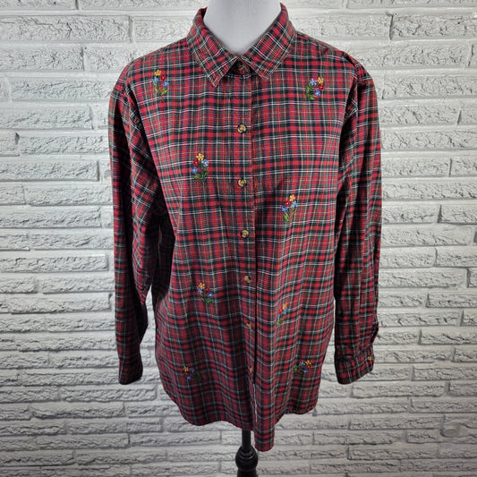 Cabin Creek Womens Top 22W Plus Long Sleeve Red Plaid Lightweight Embroidered