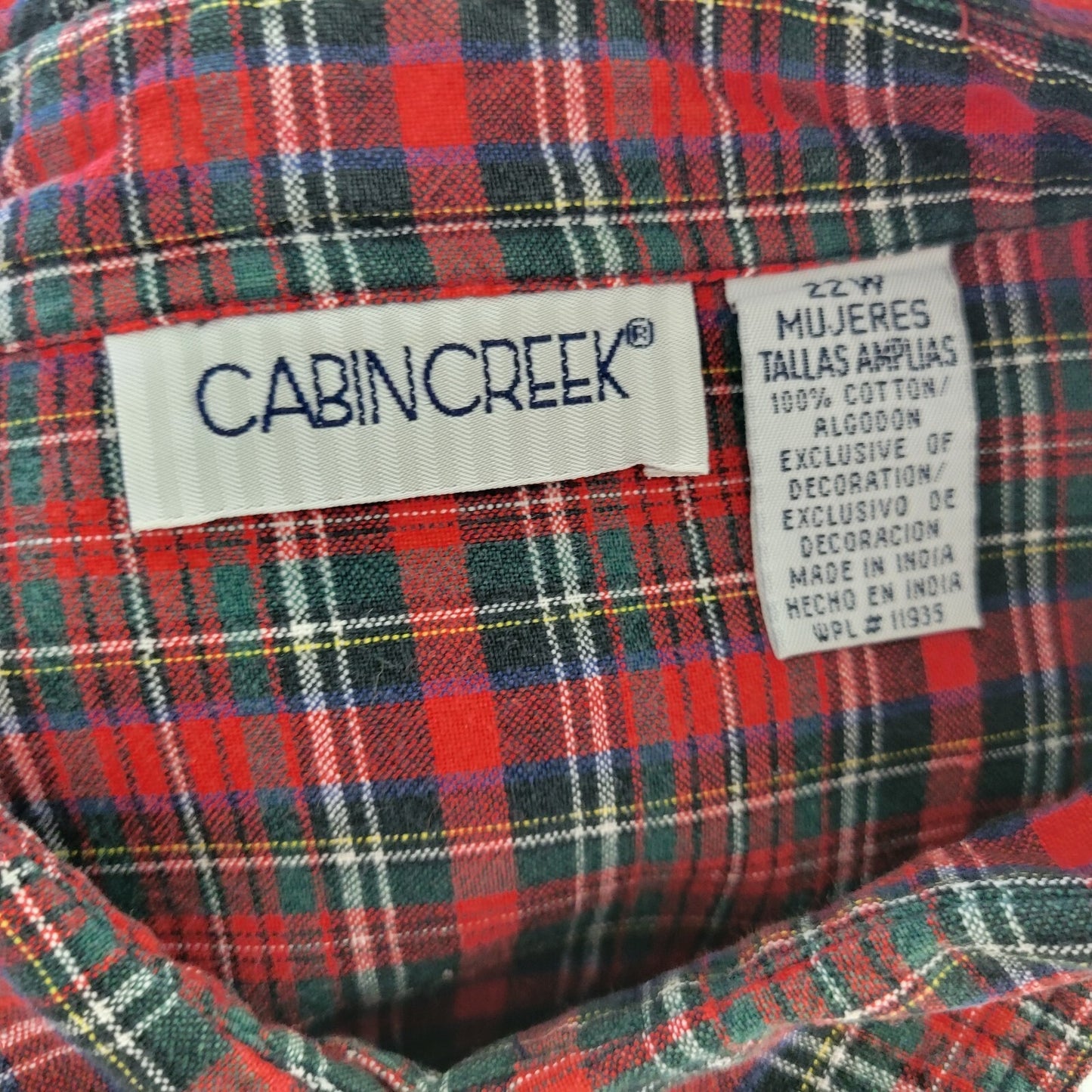 Cabin Creek Womens Top 22W Plus Long Sleeve Red Plaid Lightweight Embroidered