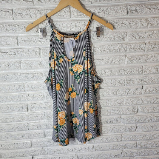Top Fashion New York Womens Top 3X Tank Spaghett Strap Tan Green Stripe Floral