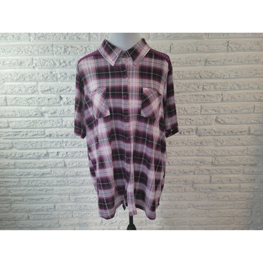 Avenue Womens Shirt 26 28 Plus Collar Button Up Purple Plaid Crochet Shoulder